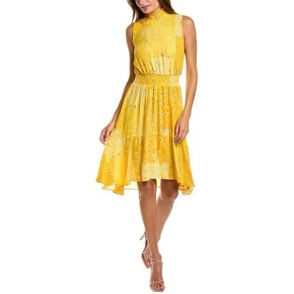 Nanette Lepore 4 High Neck Blouson Swing Dress Yellow Patchwork Paisley Floral